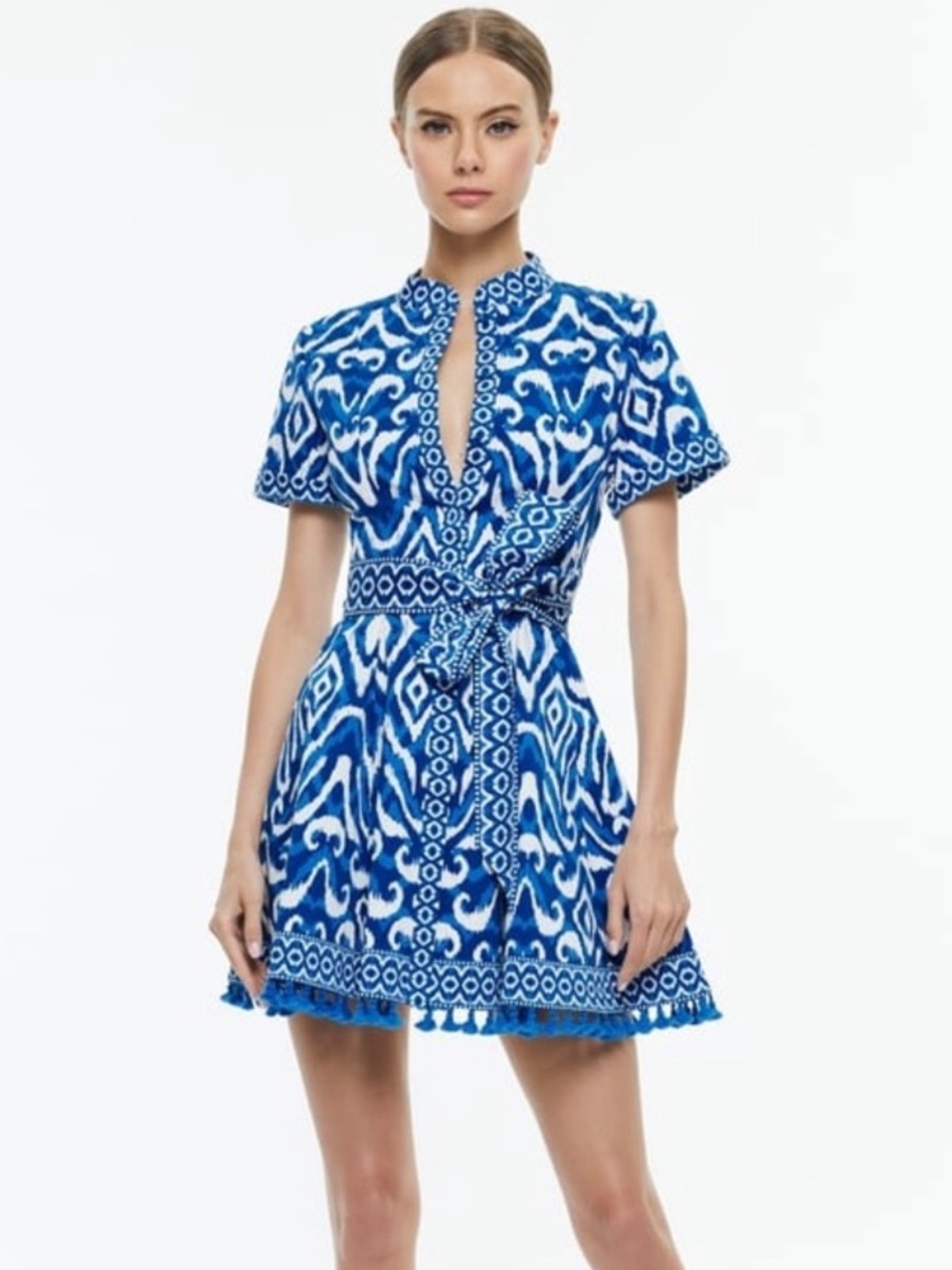 Alice + Olivia Lucy Artisan Ikat French blue printed dress
